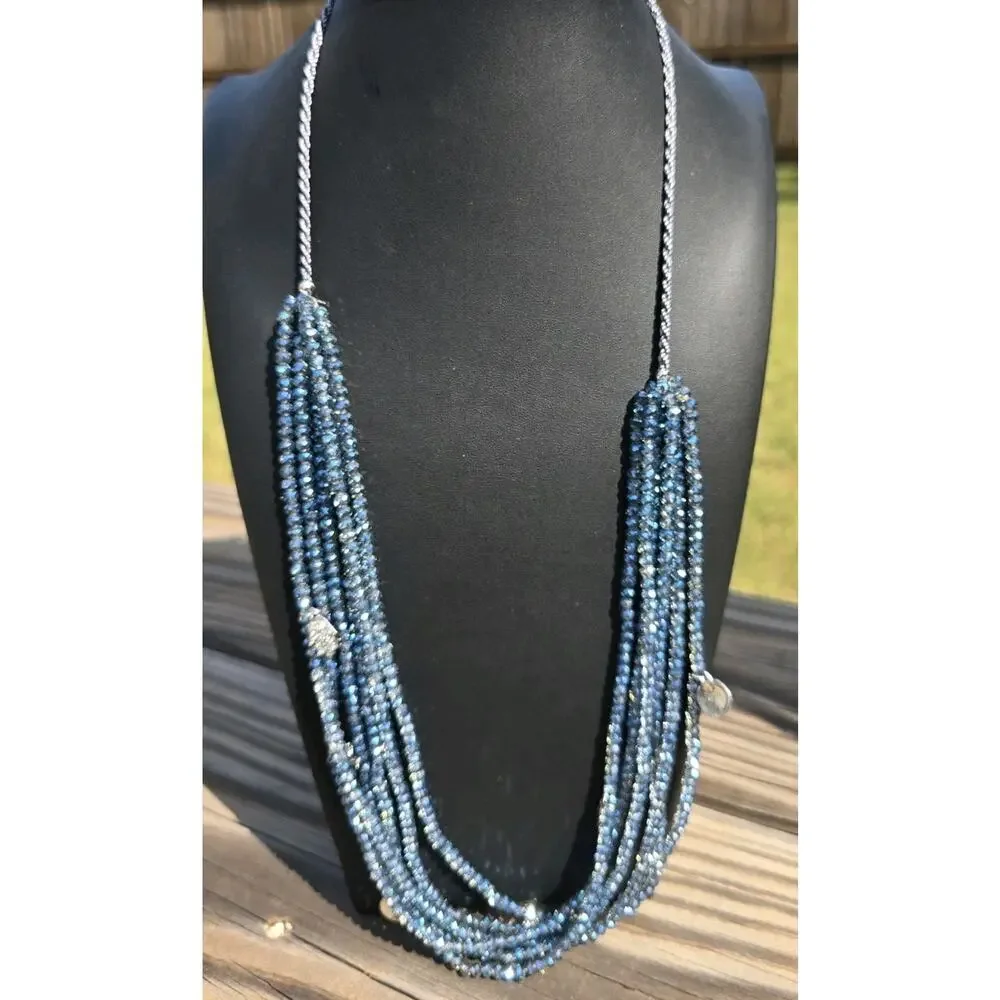 NWOT Marlyn Schiff Multi Strand Blue Crystal Statement Necklace Pave Charms